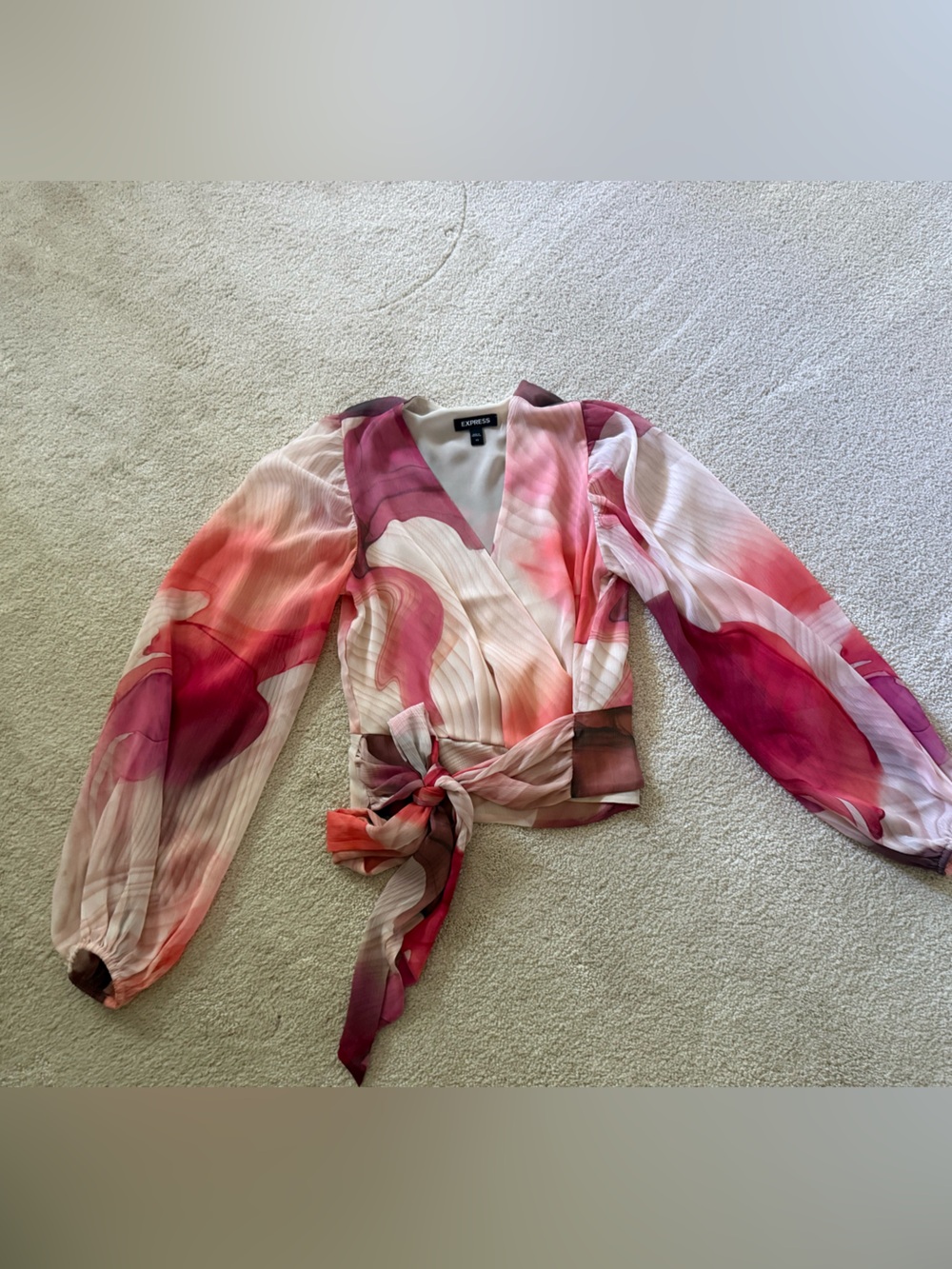 Express Pink & Coral Watercolor Blouse with Tie size xs